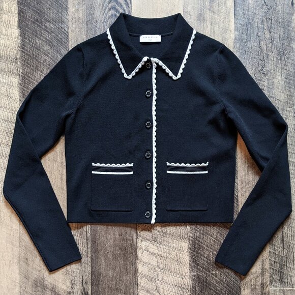 Sandro Leanna Cropped Scalloped-Trim Cardigan Sweater Black - Picture 2 of 8